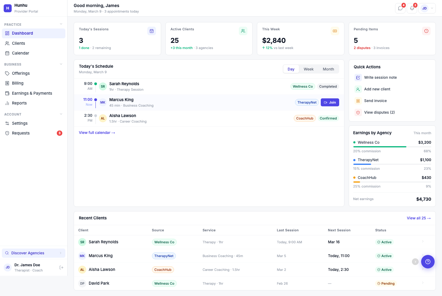 Provider profile with earnings and client details