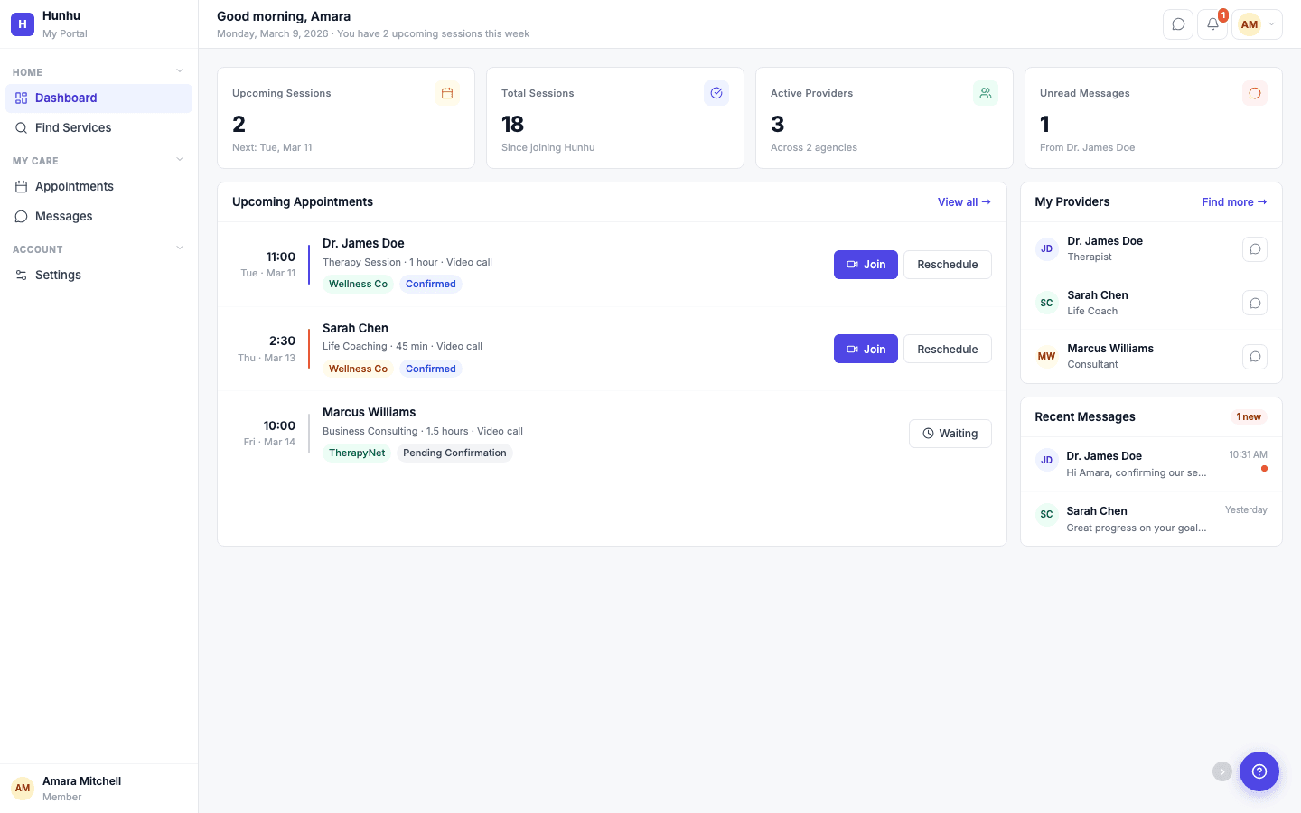 Hunhu provider dashboard with appointments