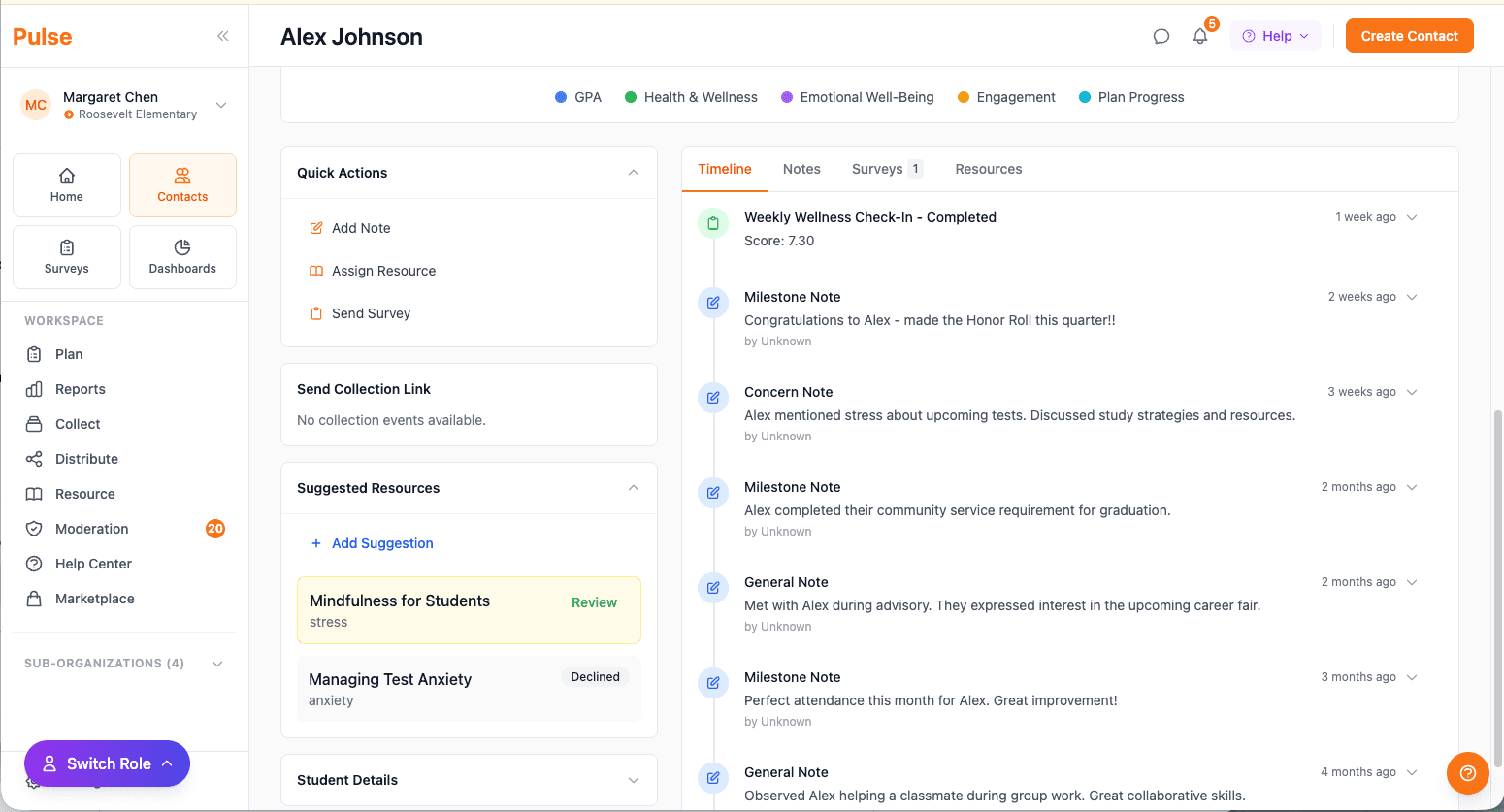 Student timeline with notes, milestones, and resources